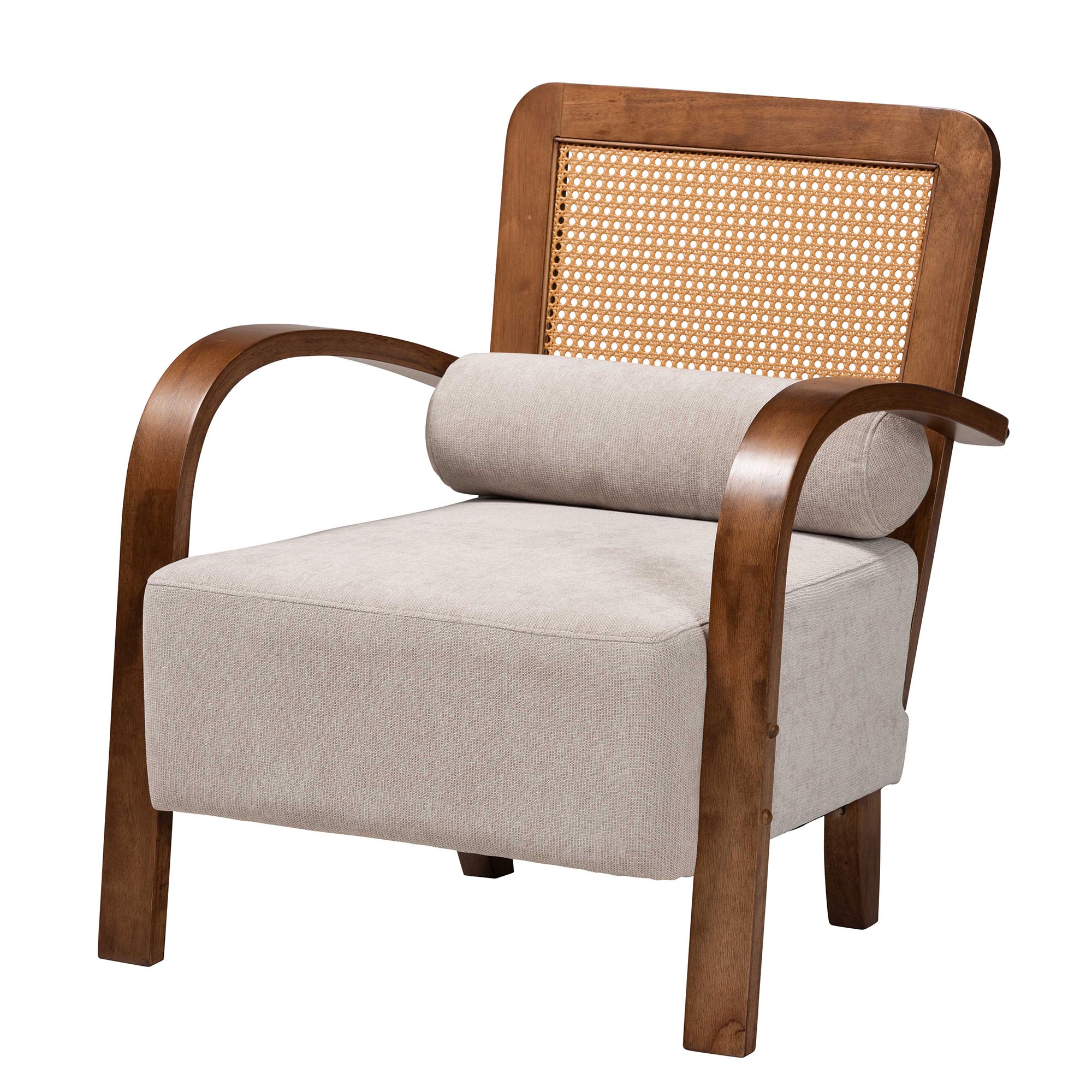 Baxton Studio Sage Modern Japandi Light Grey Fabric and Walnut Brown Finished Wood Arm Chair with Woven Rattan